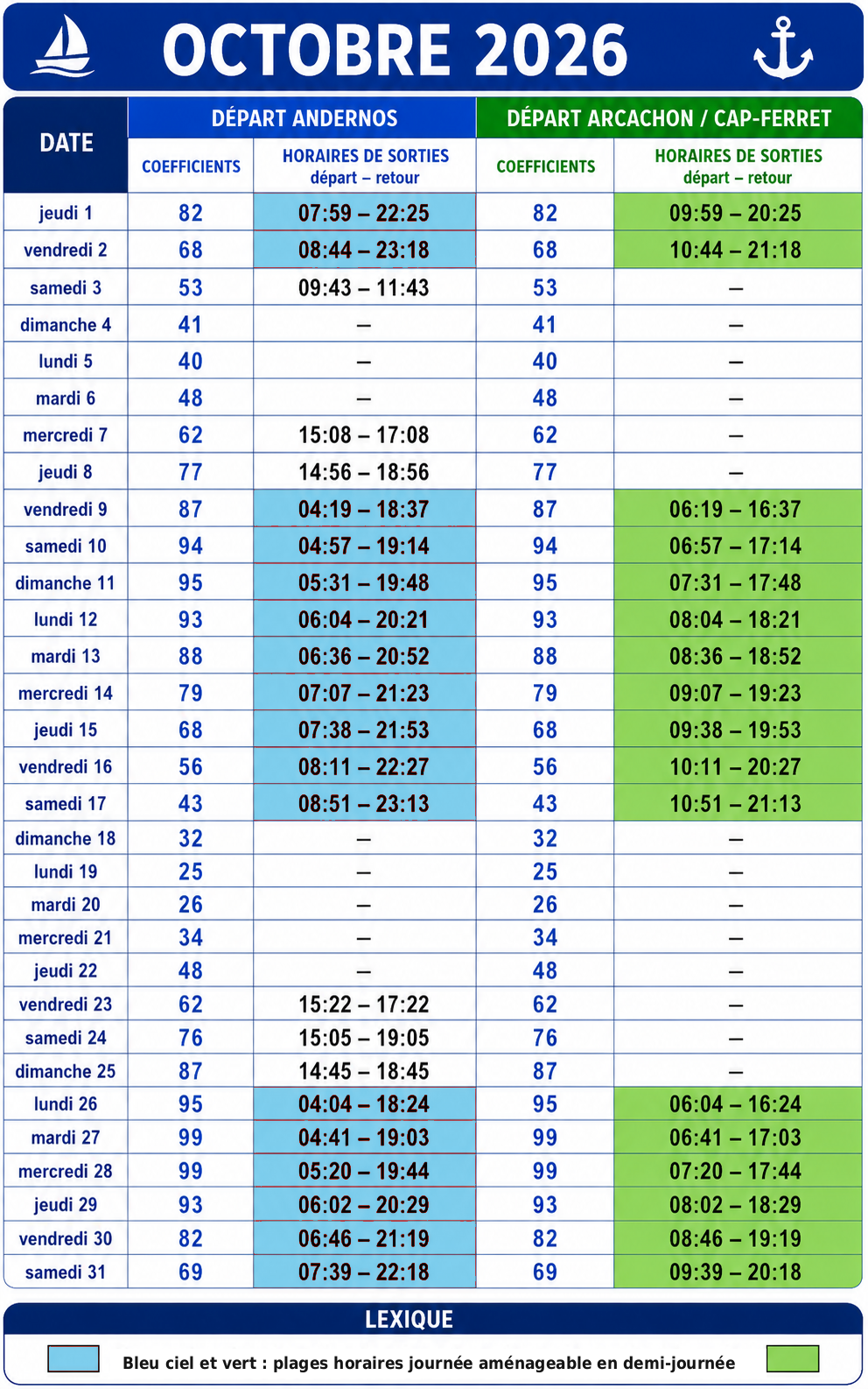 Plages horaires de sortie octobre 2026